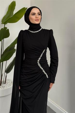 Opheline Taşlı Tül Kumaş Abiye Siyah