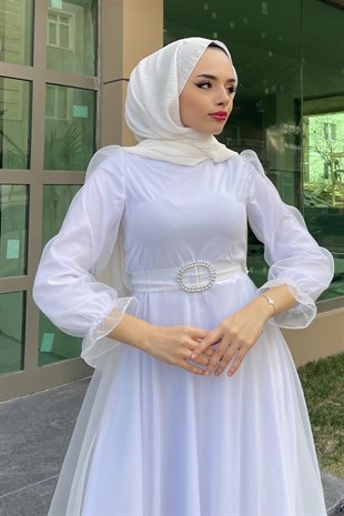 Organize Kolu Lastikli Abiye Beyaz