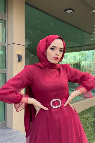 Organize Kolu Lastikli Abiye Bordo