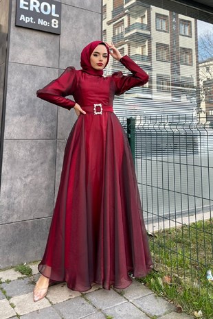 Organize Tül Kemeri Taşlı Abiye Bordo