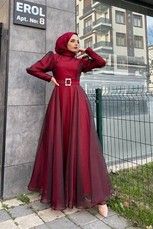 Organize Tül Kemeri Taşlı Abiye Bordo