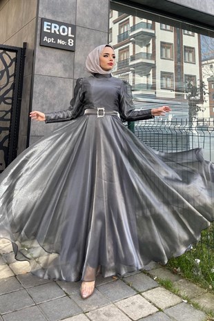 Organize Tül Kemeri Taşlı Abiye Füme
