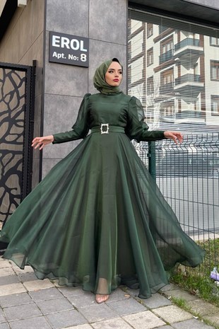 Organize Tül Kemeri Taşlı Abiye Haki