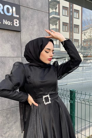 Organize Tül Kemeri Taşlı Abiye Siyah