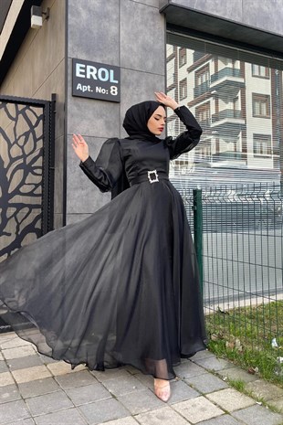 Organize Tül Kemeri Taşlı Abiye Siyah