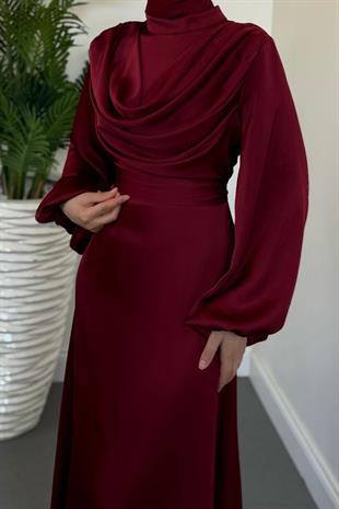 Oriana Degaje Yaka Kuyruklu Abiye Bordo