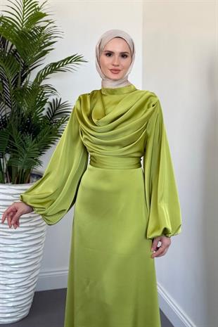 Oriana Degaje Yaka Kuyruklu Abiye Yağ Yeşili