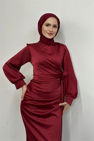 Orlenda Drape Detay Balık Saten Abiye Bordo