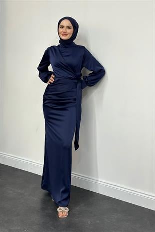 Orlenda Drape Detay Balık  Saten Abiye Lacivert