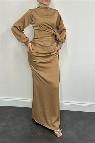 Orlenda Drape Detay Balık Saten  Abiye Vizon