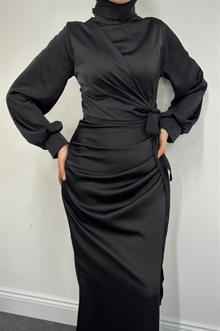 Orlenda Drape Detay Balık Saten  Abiye Siyah