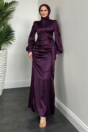 Orlenda Drape Detay Balık Saten Abiye Mor