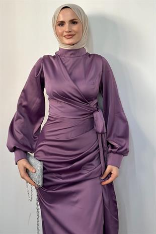 Orlenda Drape Detay Balık Saten Abiye Menekşe