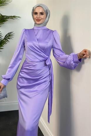 Orlenda Drape Detay Balık Saten Abiye Lila