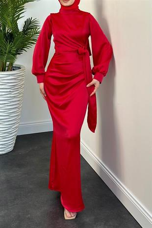 Orlenda Drape Detay Balık Saten Abiye Kırmızı