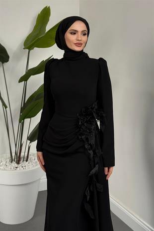 Ornella Yandan Tokalı Özel Tasarım Balık Abiye Siyah
