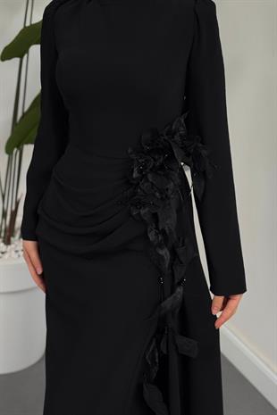 Ornella Yandan Tokalı Özel Tasarım Balık Abiye Siyah