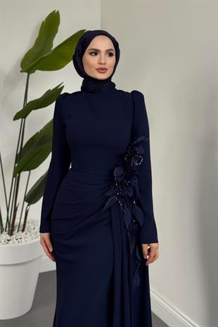 Ornella Yandan Tokalı Özel Tasarım Balık Abiye Lacivert