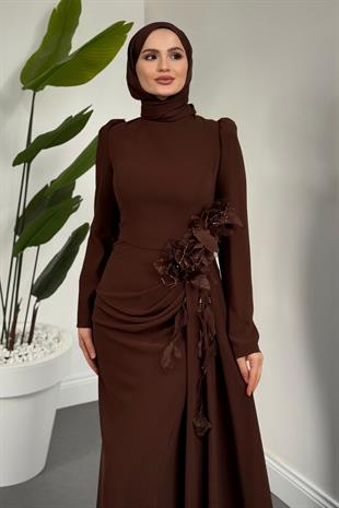 Ornella Yandan Tokalı Özel Tasarım Balık Abiye Kahverengi