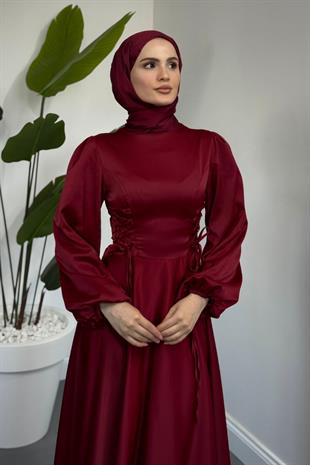 Orya Yanları Sıkmalı Saten Abiye Bordo