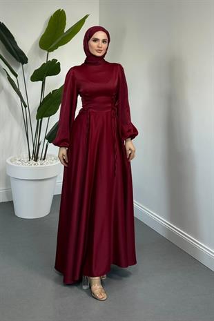 Orya Yanları Sıkmalı Saten Abiye Bordo