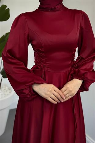 Orya Yanları Sıkmalı Saten Abiye Bordo