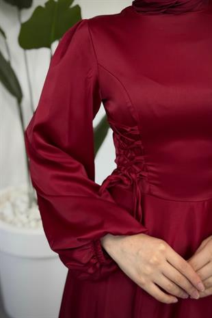 Orya Yanları Sıkmalı Saten Abiye Bordo