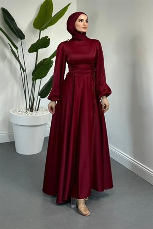 Orya Yanları Sıkmalı Saten Abiye Bordo