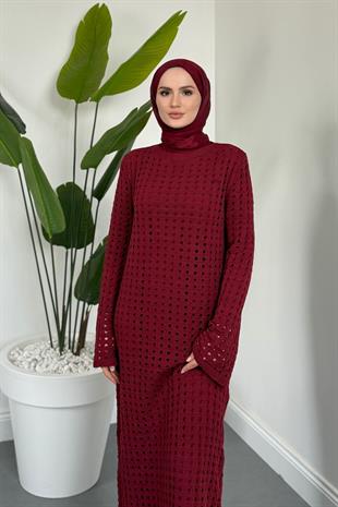 Palmiye Fileli Triko Elbise Bordo