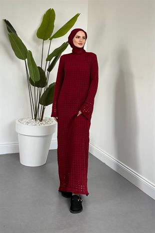 Palmiye Fileli Triko Elbise Bordo