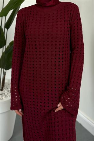 Palmiye Fileli Triko Elbise Bordo