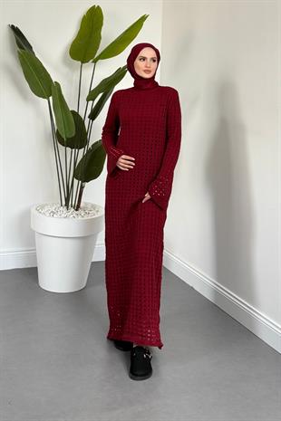 Palmiye Fileli Triko Elbise Bordo