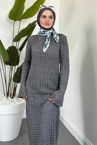 Palmiye Fileli Triko Elbise Füme