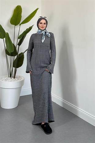 Palmiye Fileli Triko Elbise Füme