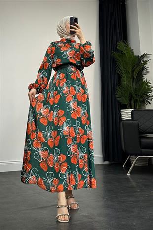 Paola Desenli Saten Elbise Yeşil
