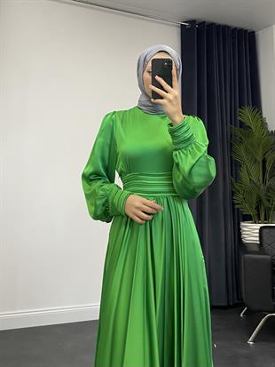 Paris Drapeli Saten Abiye Fıstık Yeşili
