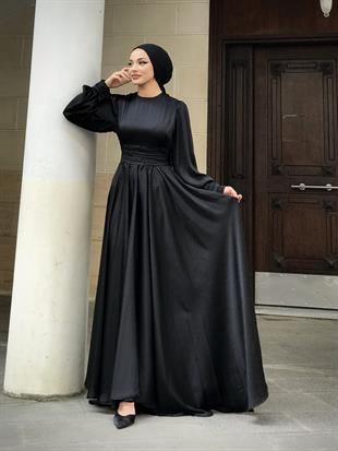 Paris Drapeli Saten Abiye Siyah