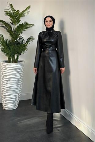 Pauline Çapraz Kemer Deri Elbise Siyah
