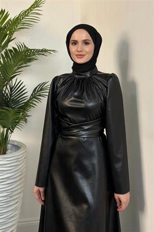 Pauline Çapraz Kemer Deri Elbise Siyah