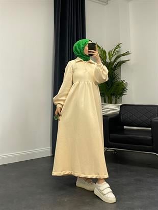 Pera Önü Düğmeli Sweat Elbise Bej