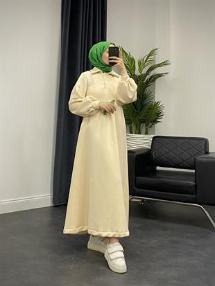 Pera Önü Düğmeli Sweat Elbise Bej