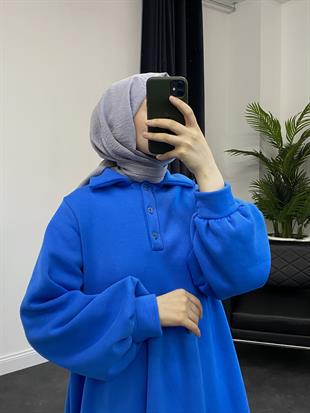 Pera Önü Düğmeli Sweat Elbise Mavi