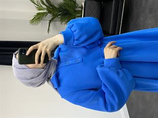 Pera Önü Düğmeli Sweat Elbise Mavi