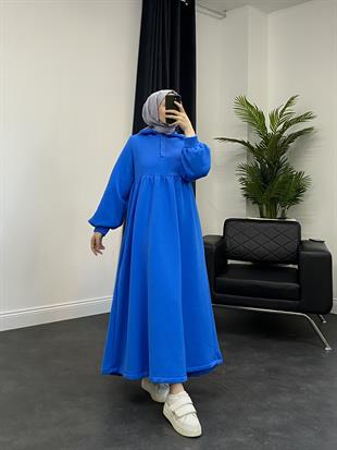 Pera Önü Düğmeli Sweat Elbise Mavi