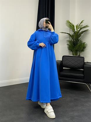 Pera Önü Düğmeli Sweat Elbise Mavi