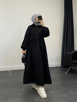 Pera Önü Düğmeli Sweat Elbise Siyah