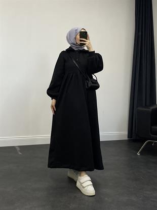 Pera Önü Düğmeli Sweat Elbise Siyah