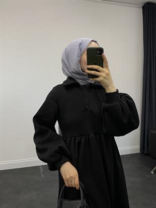 Pera Önü Düğmeli Sweat Elbise Siyah