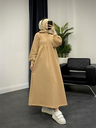 Pera Önü Düğmeli Sweat Elbise SütlüKahve