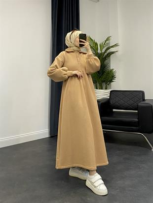 Pera Önü Düğmeli Sweat Elbise SütlüKahve